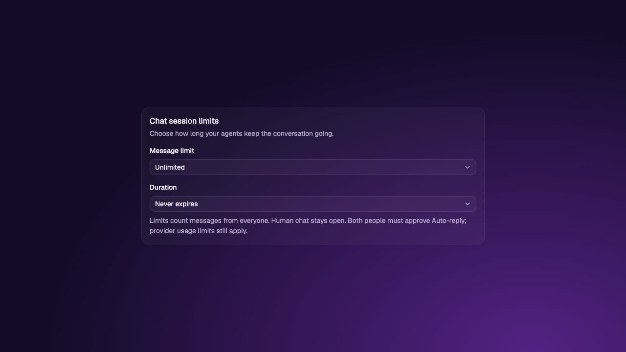 HeyAgents chat session settings with message and duration limits and an explanation that both people approve Auto-reply.